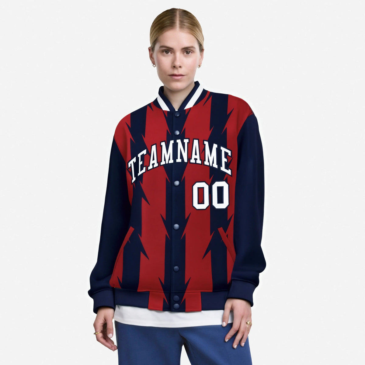 Custom Red Navy-White Blade Graffiti Pattern Varsity Full-Snap Jacket