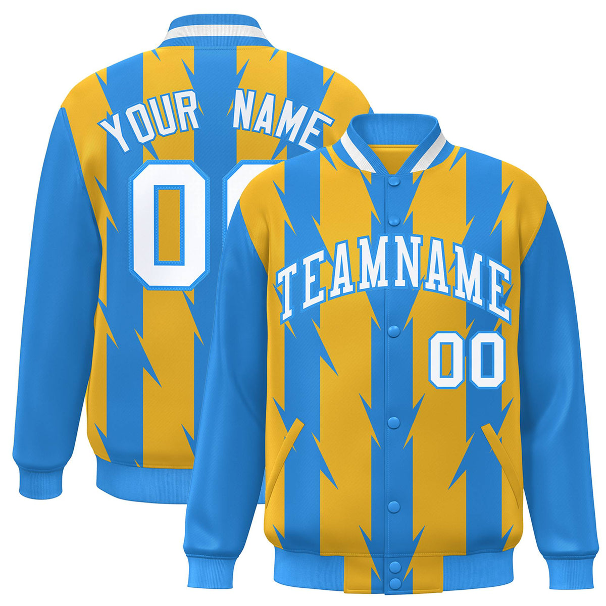 Custom Gold Powder Blue-White Blade Graffiti Pattern Varsity Full-Snap Jacket