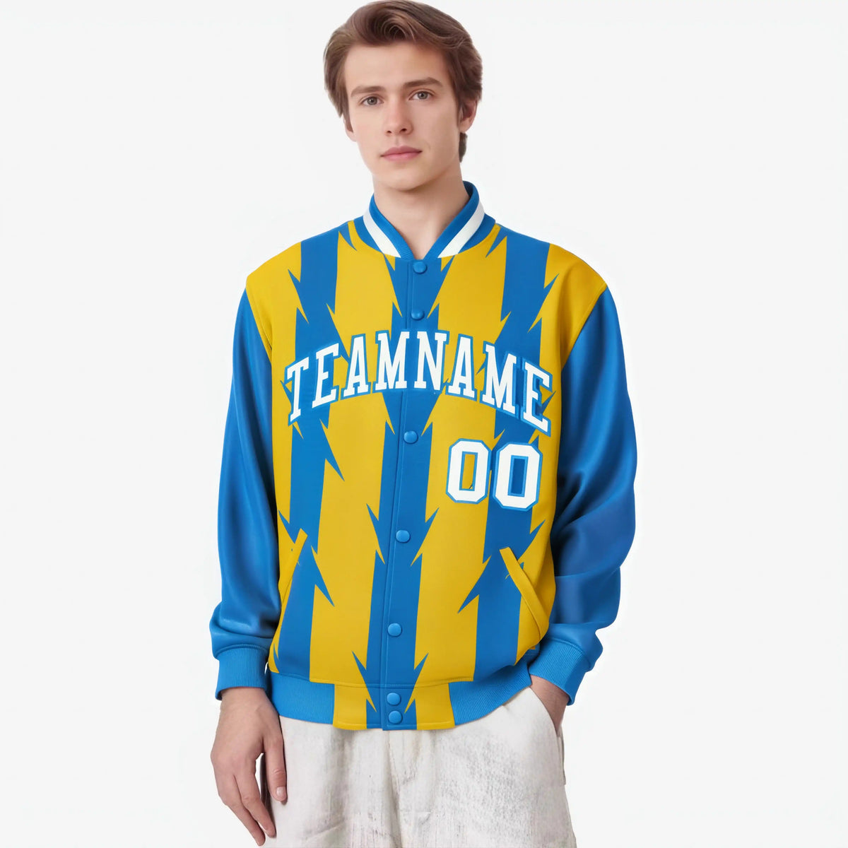 Custom Gold Powder Blue-White Blade Graffiti Pattern Varsity Full-Snap Jacket