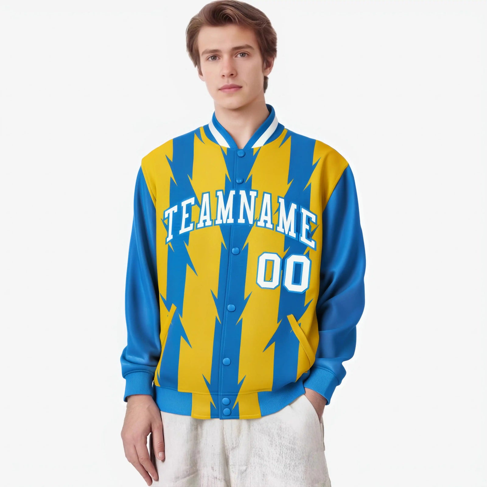 Custom Gold Powder Blue-White Blade Graffiti Pattern Varsity Full-Snap Jacket