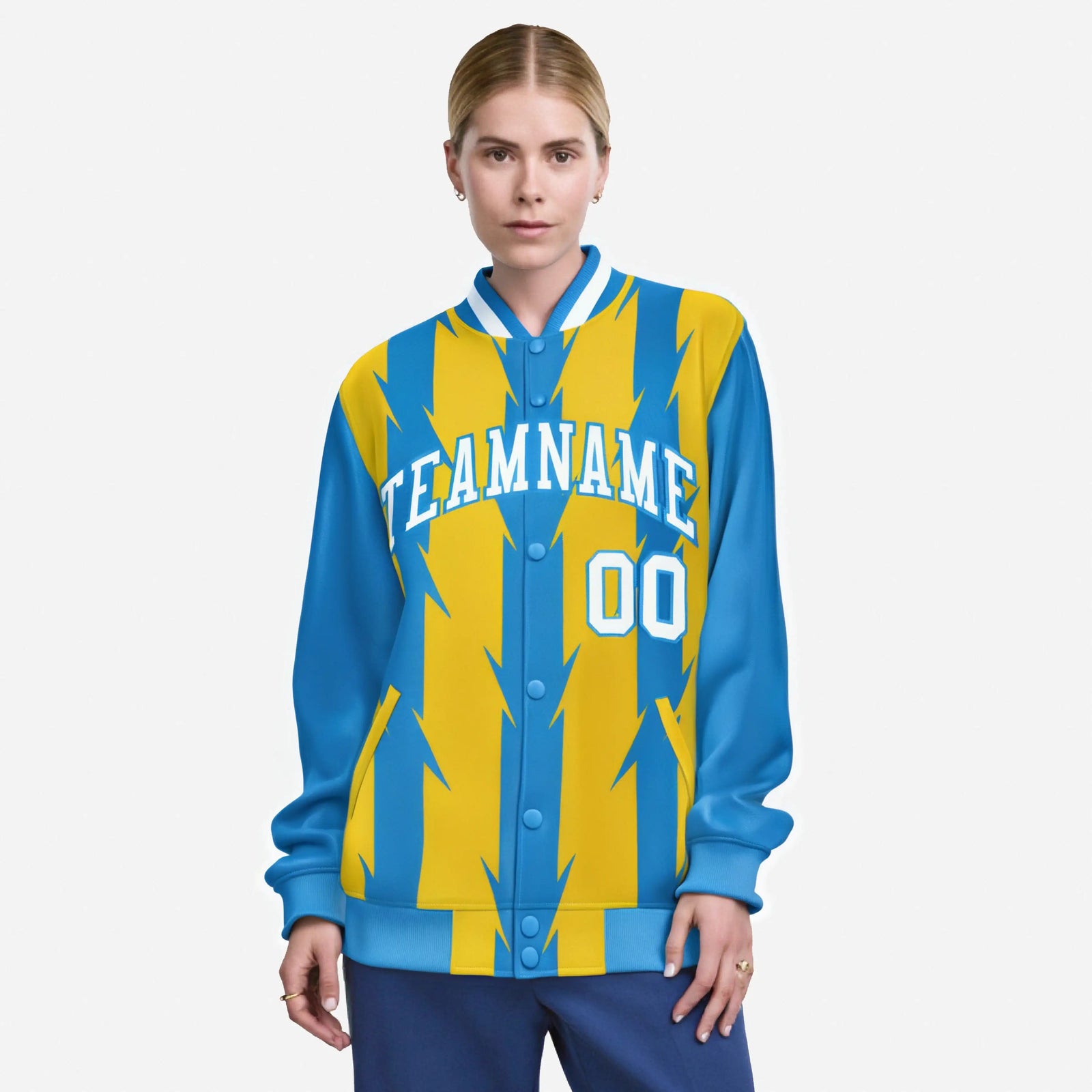 Custom Gold Powder Blue-White Blade Graffiti Pattern Varsity Full-Snap Jacket