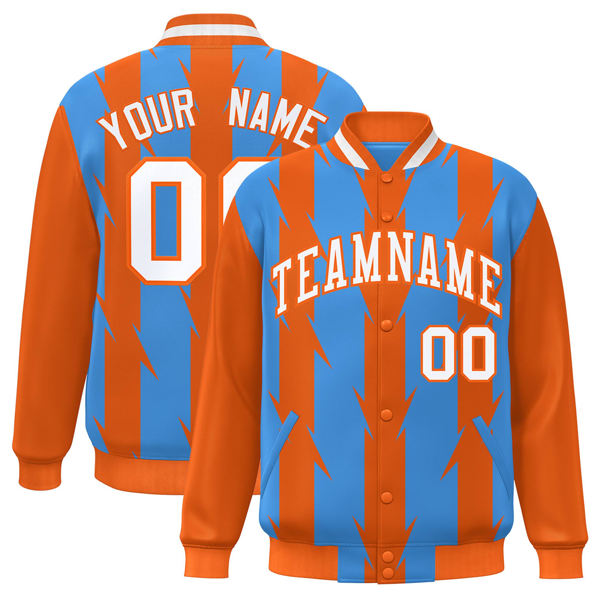 Custom Powder Blue Orange-White Blade Graffiti Pattern Varsity Full-Snap Jacket