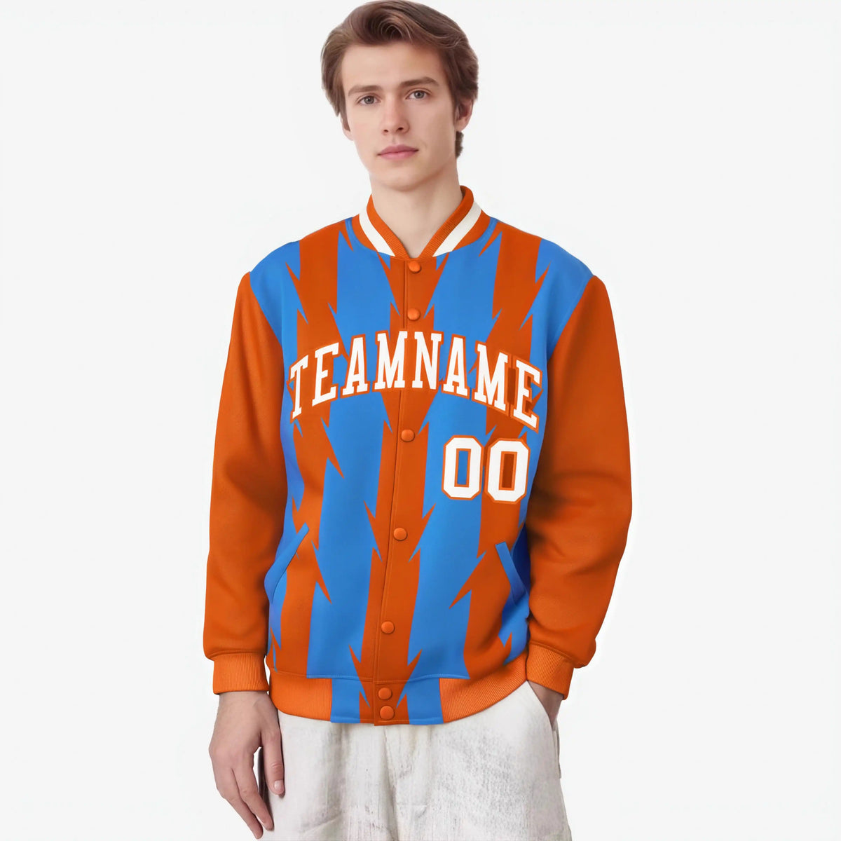 Custom Powder Blue Orange-White Blade Graffiti Pattern Varsity Full-Snap Jacket