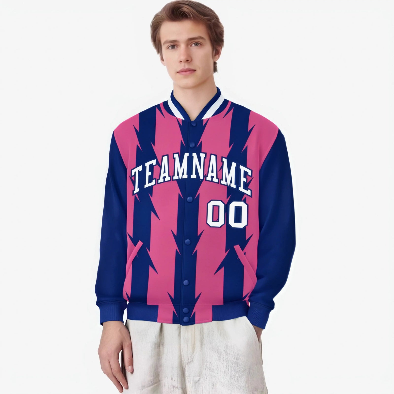 Custom Pink Royal Blue-White Blade Graffiti Pattern Varsity Full-Snap Jacket