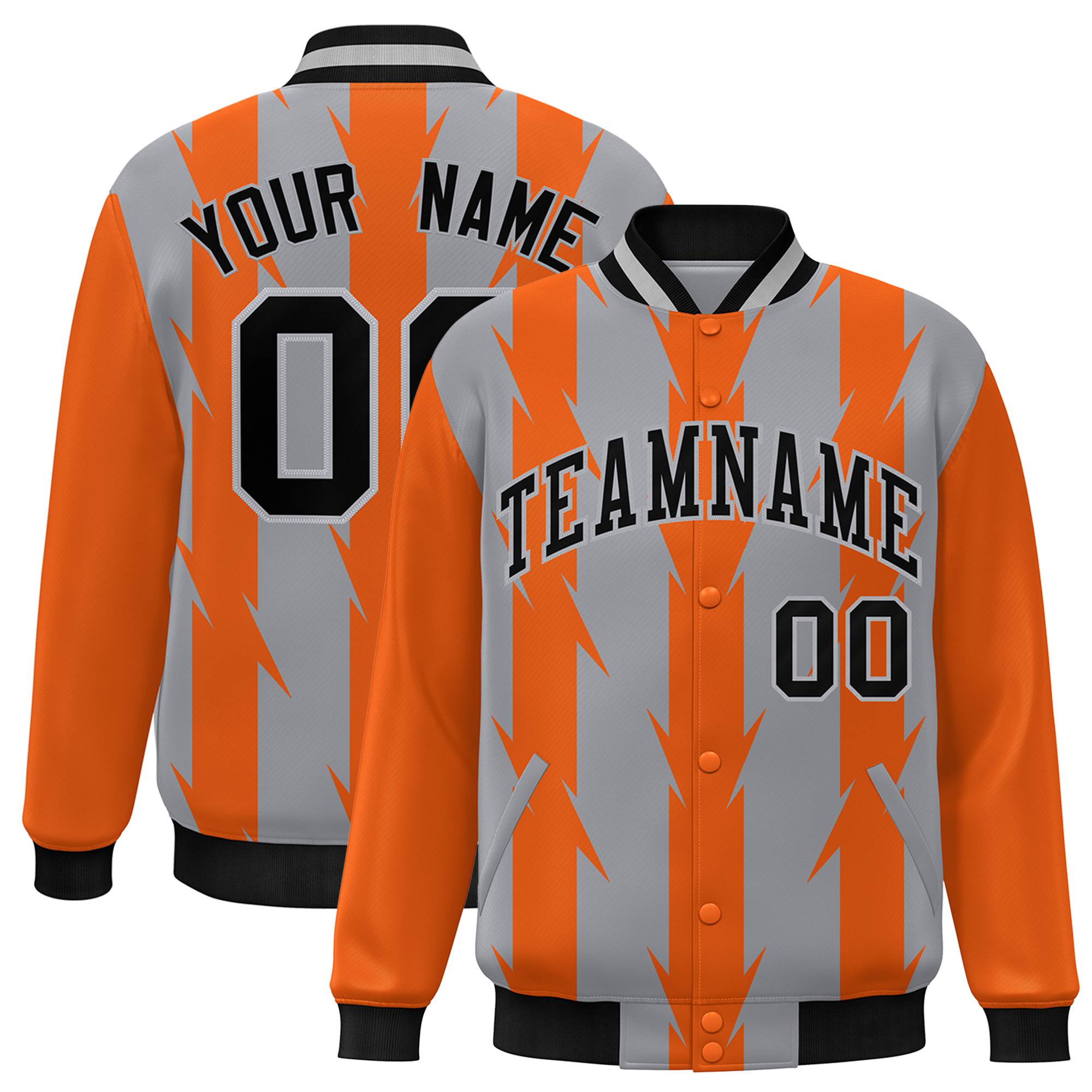 Custom Gray Orange Black Blade Graffiti Pattern Varsity Full-Snap Jacket