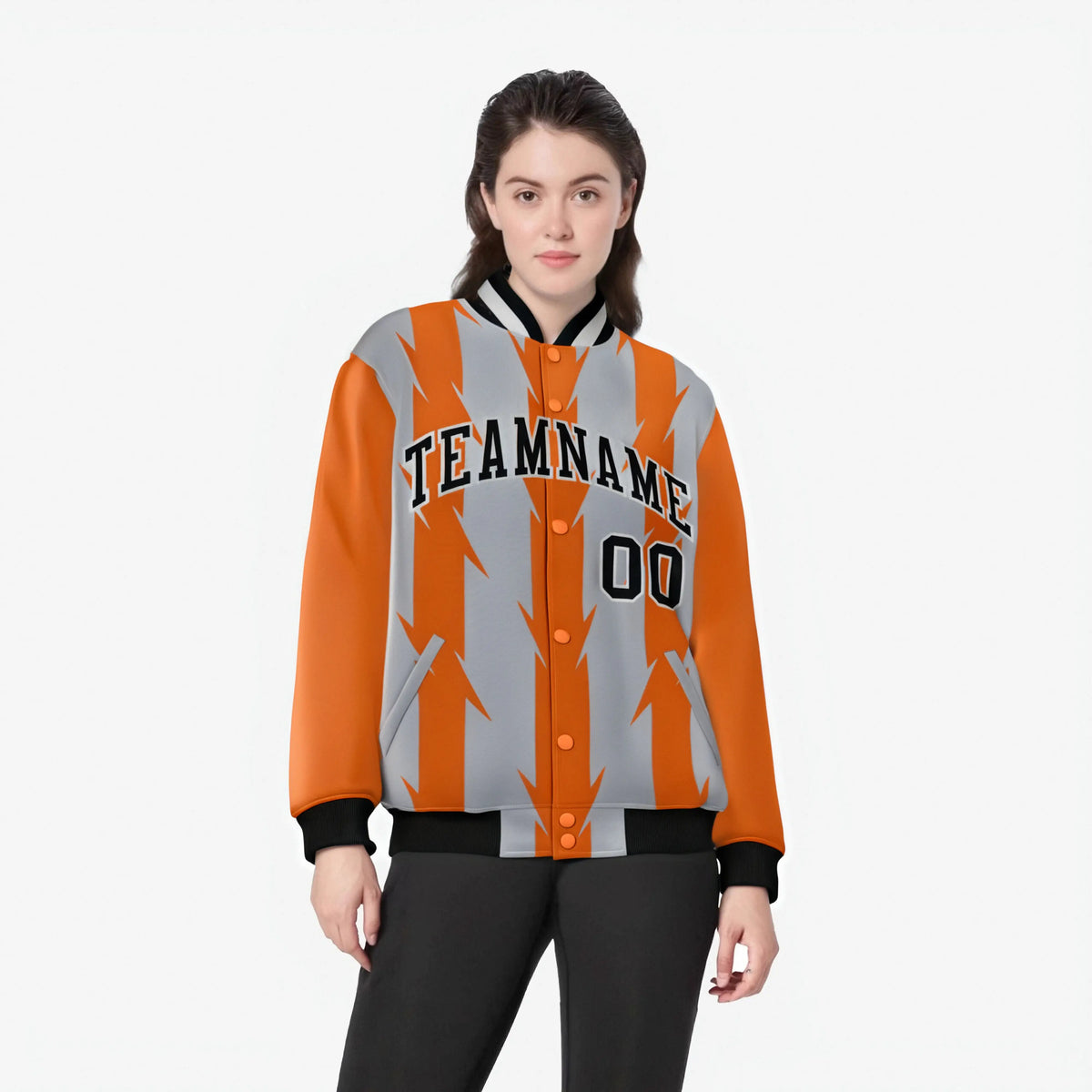 Custom Gray Orange Black Blade Graffiti Pattern Varsity Full-Snap Jacket