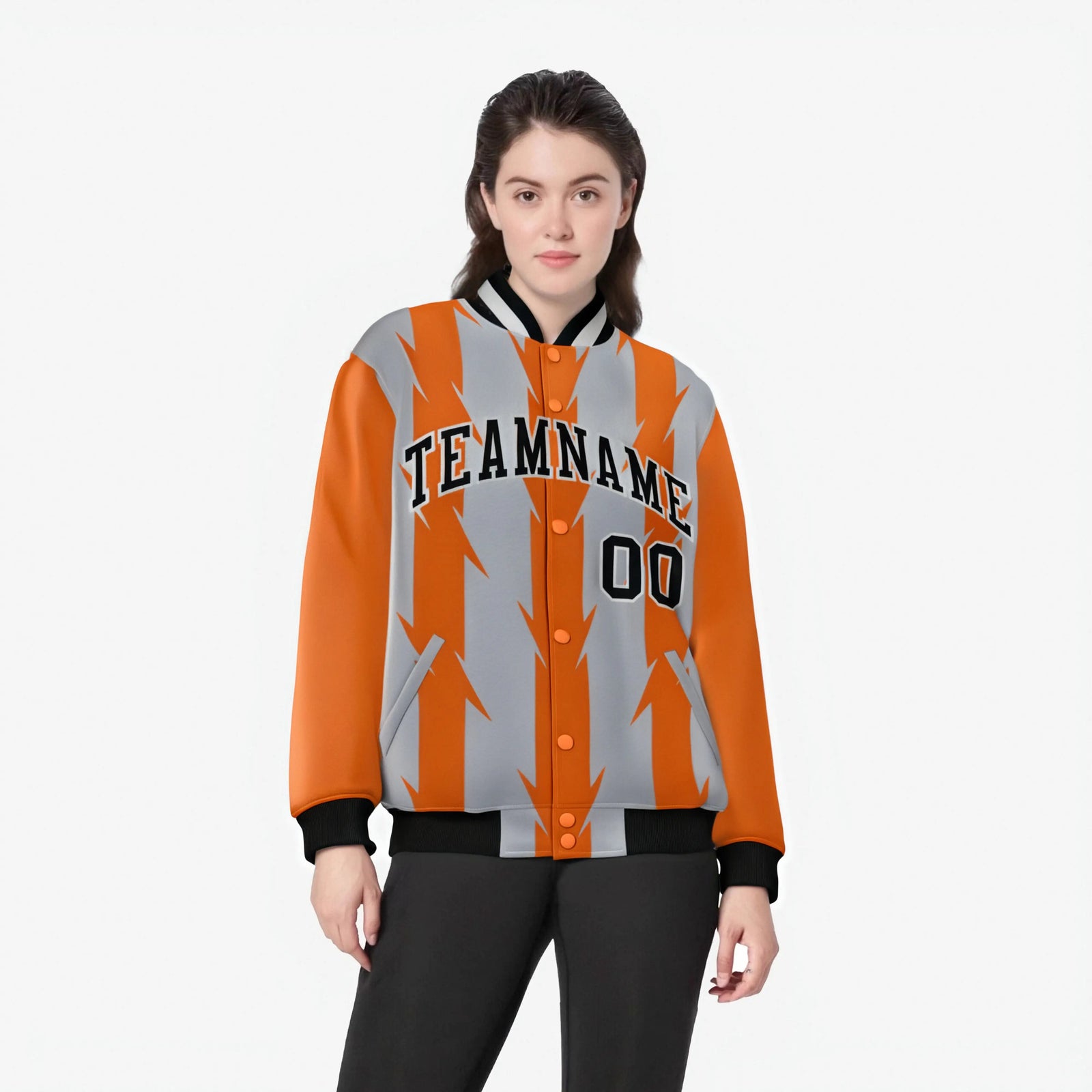 Custom Gray Orange Black Blade Graffiti Pattern Varsity Full-Snap Jacket