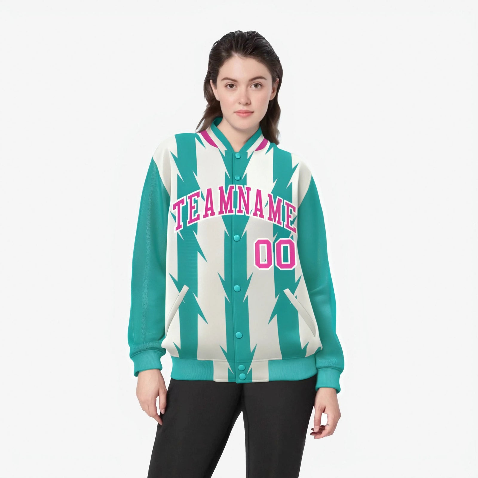 Custom Cream Aqua Pink Blade Graffiti Pattern Varsity Full-Snap Jacket