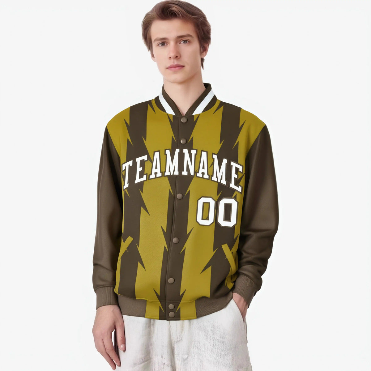 Custom Old Gold Brown-White Blade Graffiti Pattern Varsity Full-Snap Jacket