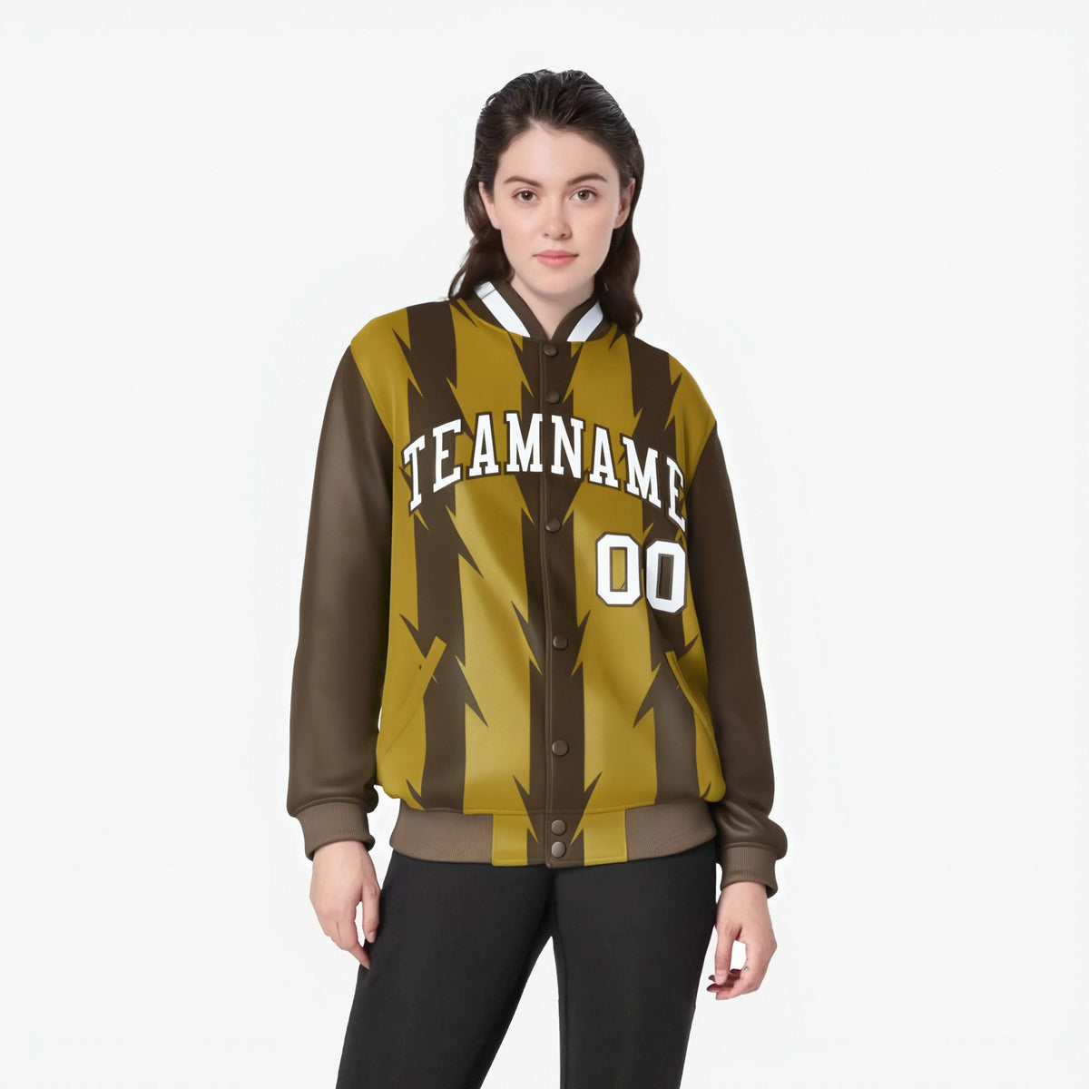 Custom Old Gold Brown-White Blade Graffiti Pattern Varsity Full-Snap Jacket