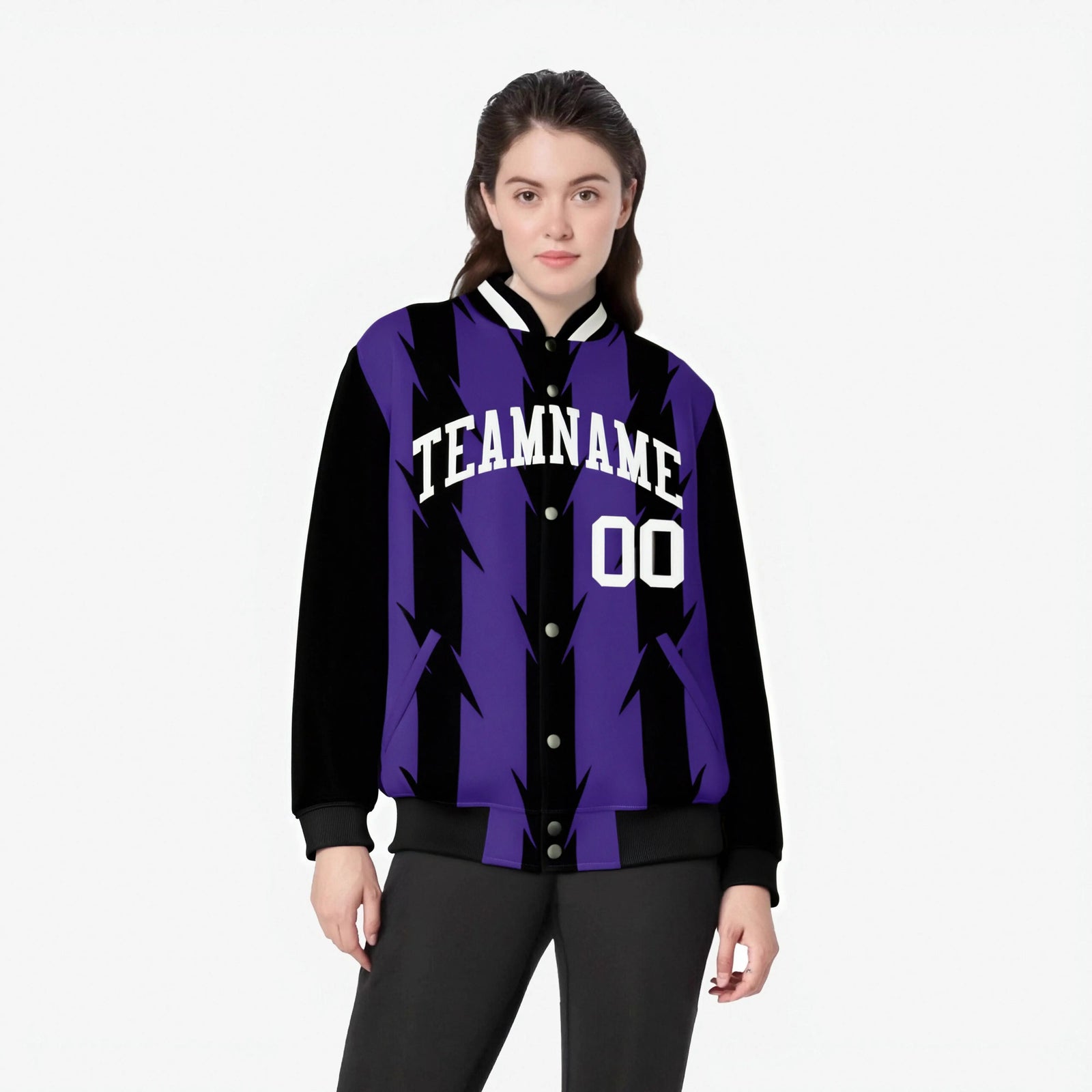 Custom Purple Black-White Blade Graffiti Pattern Varsity Full-Snap Jacket