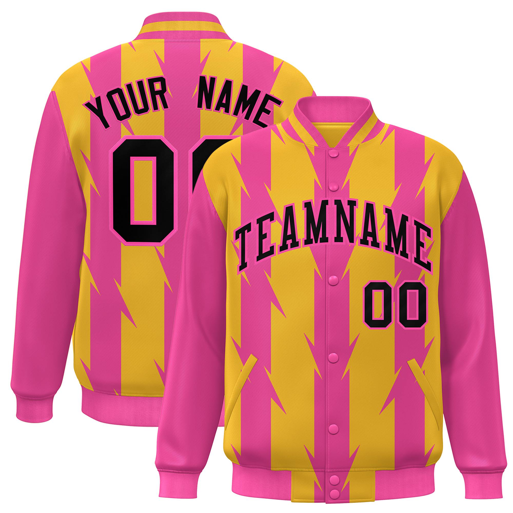 Custom Gold Pink-Black Blade Graffiti Pattern Varsity Full-Snap Jacket