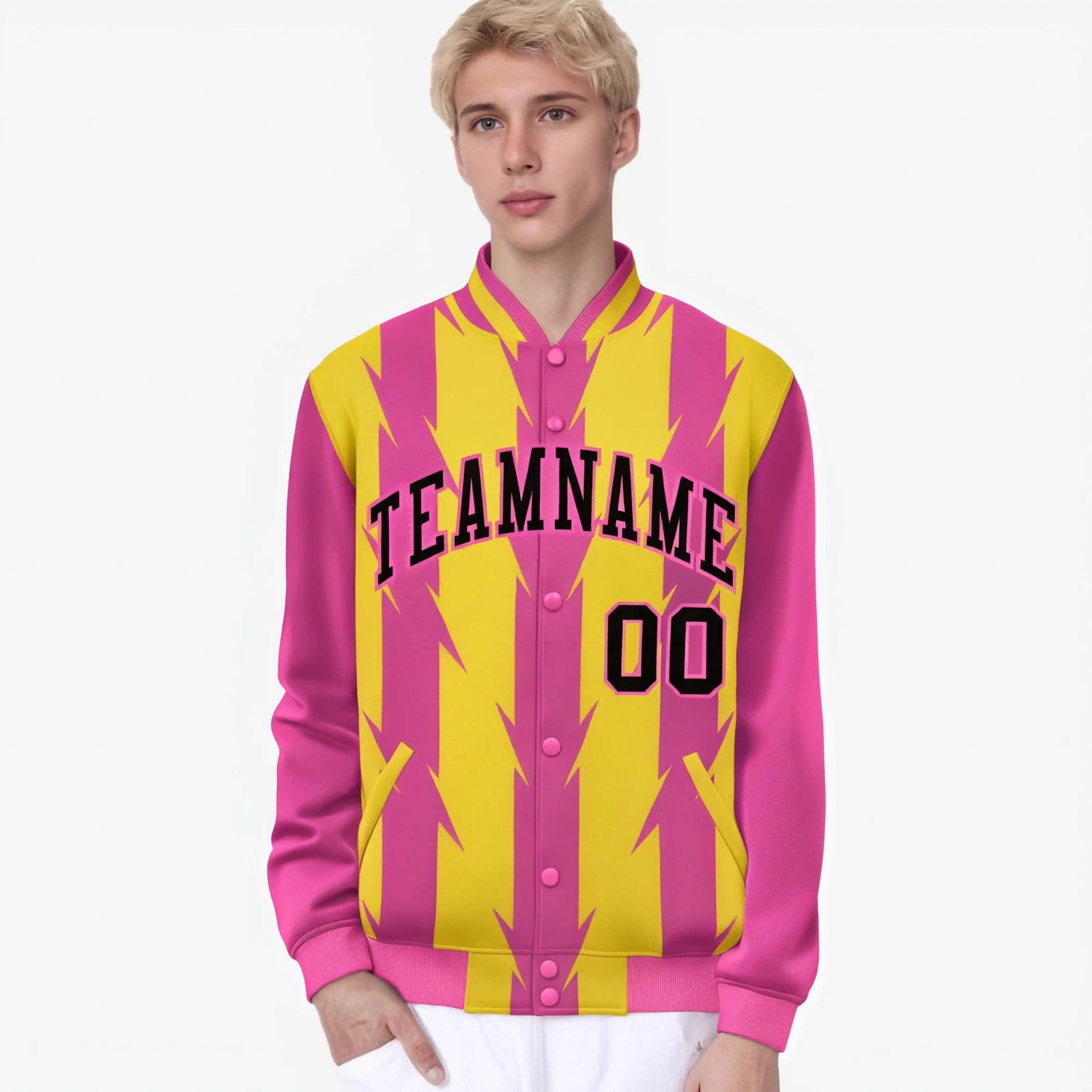 Custom Gold Pink-Black Blade Graffiti Pattern Varsity Full-Snap Jacket