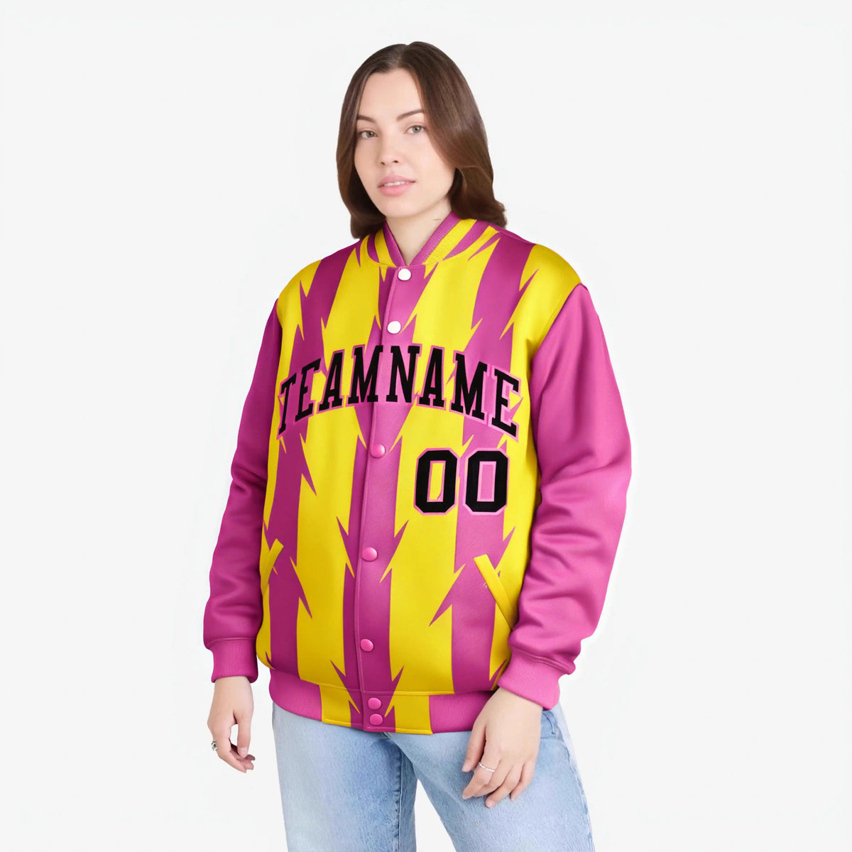 Custom Gold Pink-Black Blade Graffiti Pattern Varsity Full-Snap Jacket