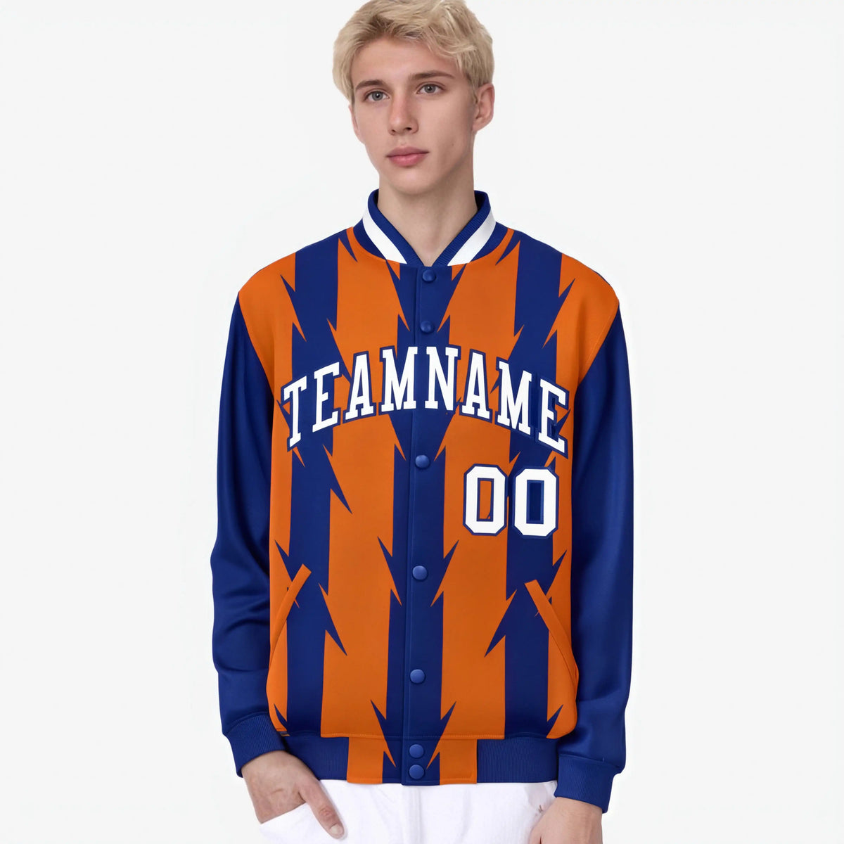 Custom Orange Royal Blue-White Blade Graffiti Pattern Varsity Full-Snap Jacket