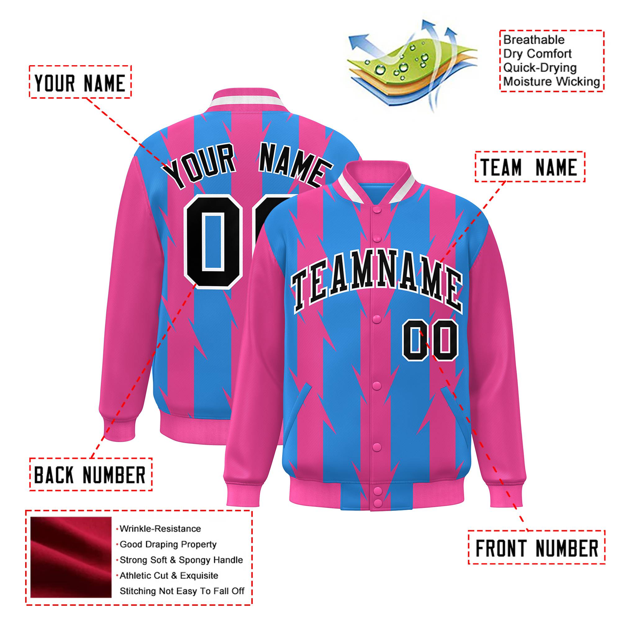 Custom Powder Blue Pink-Black Blade Graffiti Pattern Varsity Full-Snap Jacket