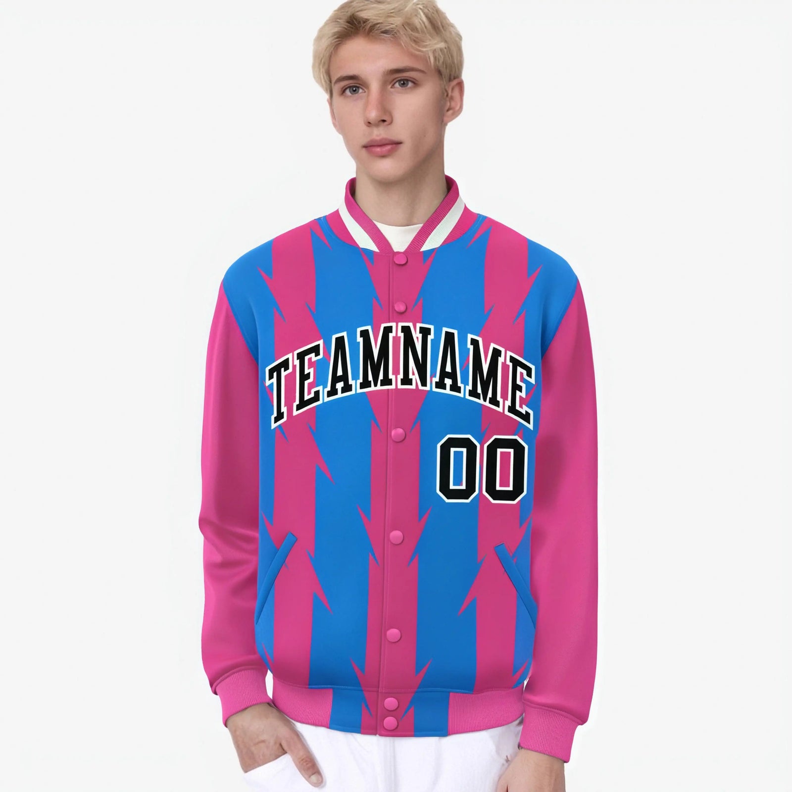 Custom Powder Blue Pink-Black Blade Graffiti Pattern Varsity Full-Snap Jacket