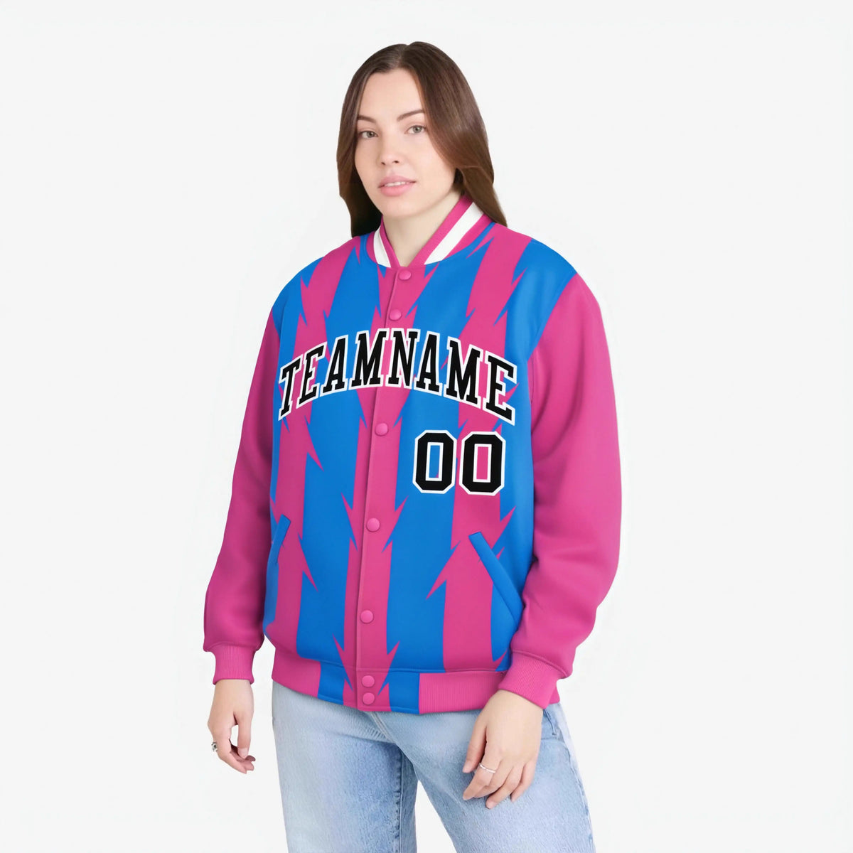 Custom Powder Blue Pink-Black Blade Graffiti Pattern Varsity Full-Snap Jacket