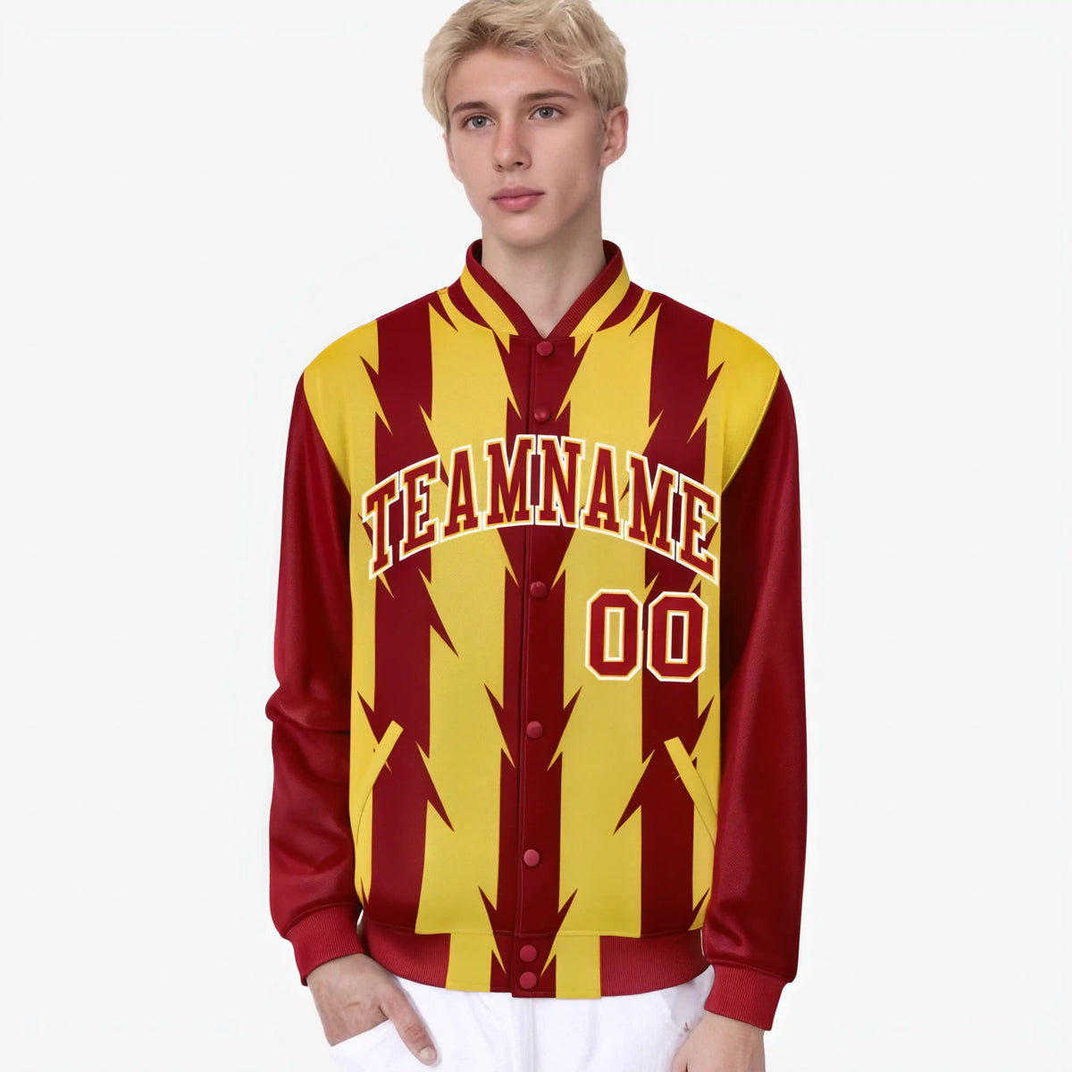 Custom Yellow Red-White Blade Graffiti Pattern Varsity Full-Snap Jacket