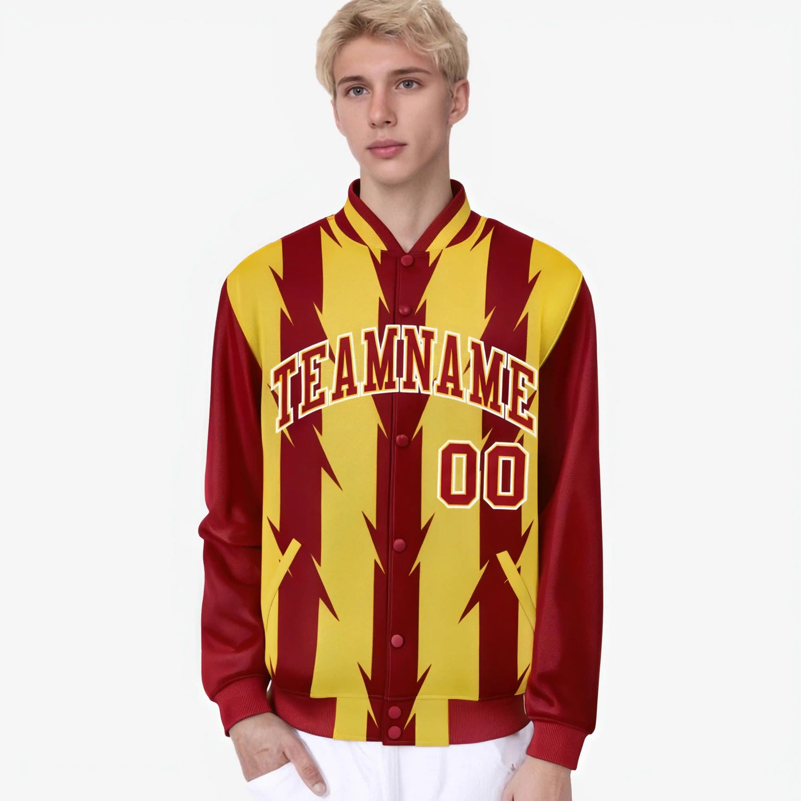 Custom Yellow Red-White Blade Graffiti Pattern Varsity Full-Snap Jacket