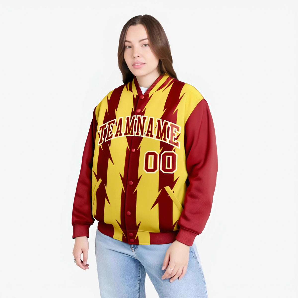 Custom Yellow Red-White Blade Graffiti Pattern Varsity Full-Snap Jacket