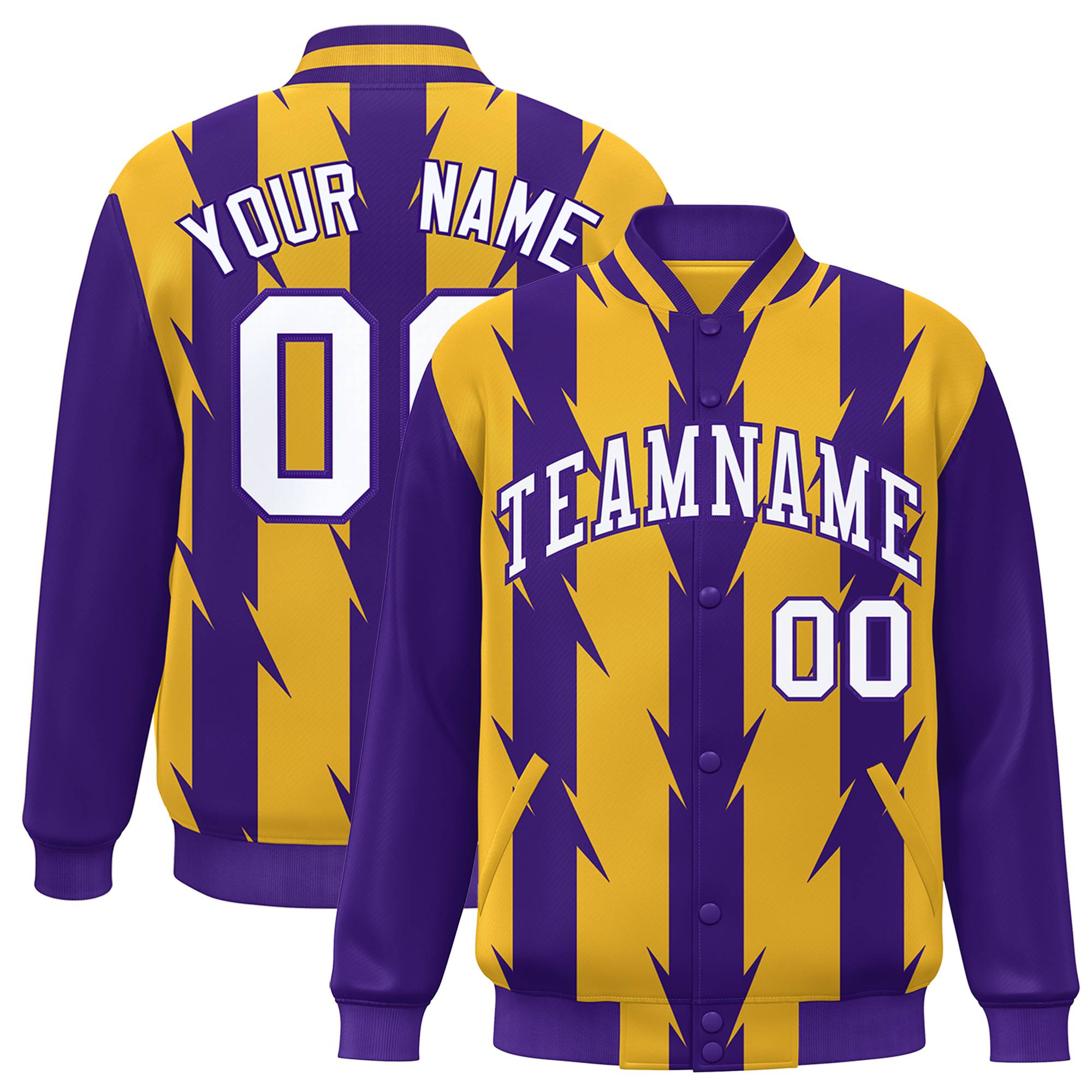 Custom Yellow Purple-White Blade Graffiti Pattern Varsity Full-Snap Jacket