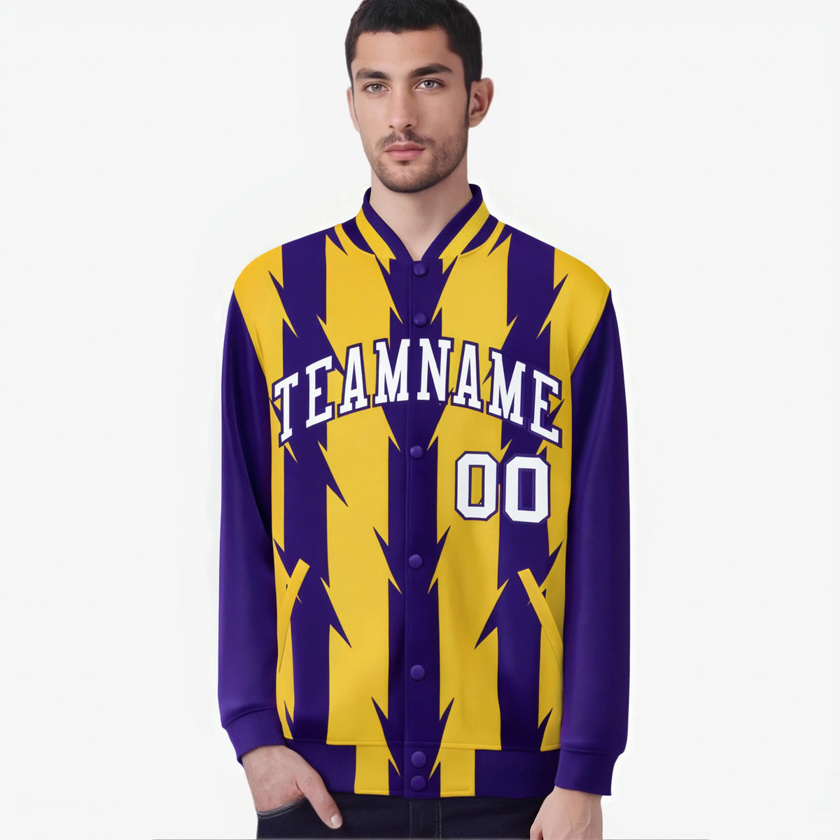 Custom Yellow Purple-White Blade Graffiti Pattern Varsity Full-Snap Jacket