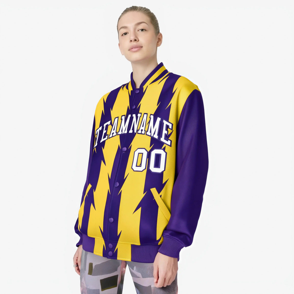 Custom Yellow Purple-White Blade Graffiti Pattern Varsity Full-Snap Jacket