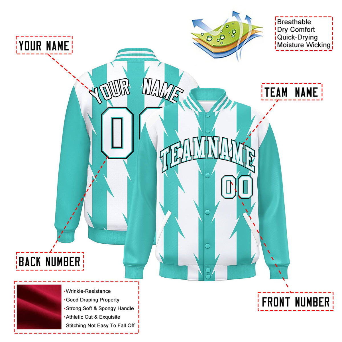 Custom White Aqua-Black Blade Graffiti Pattern Varsity Full-Snap Jacket