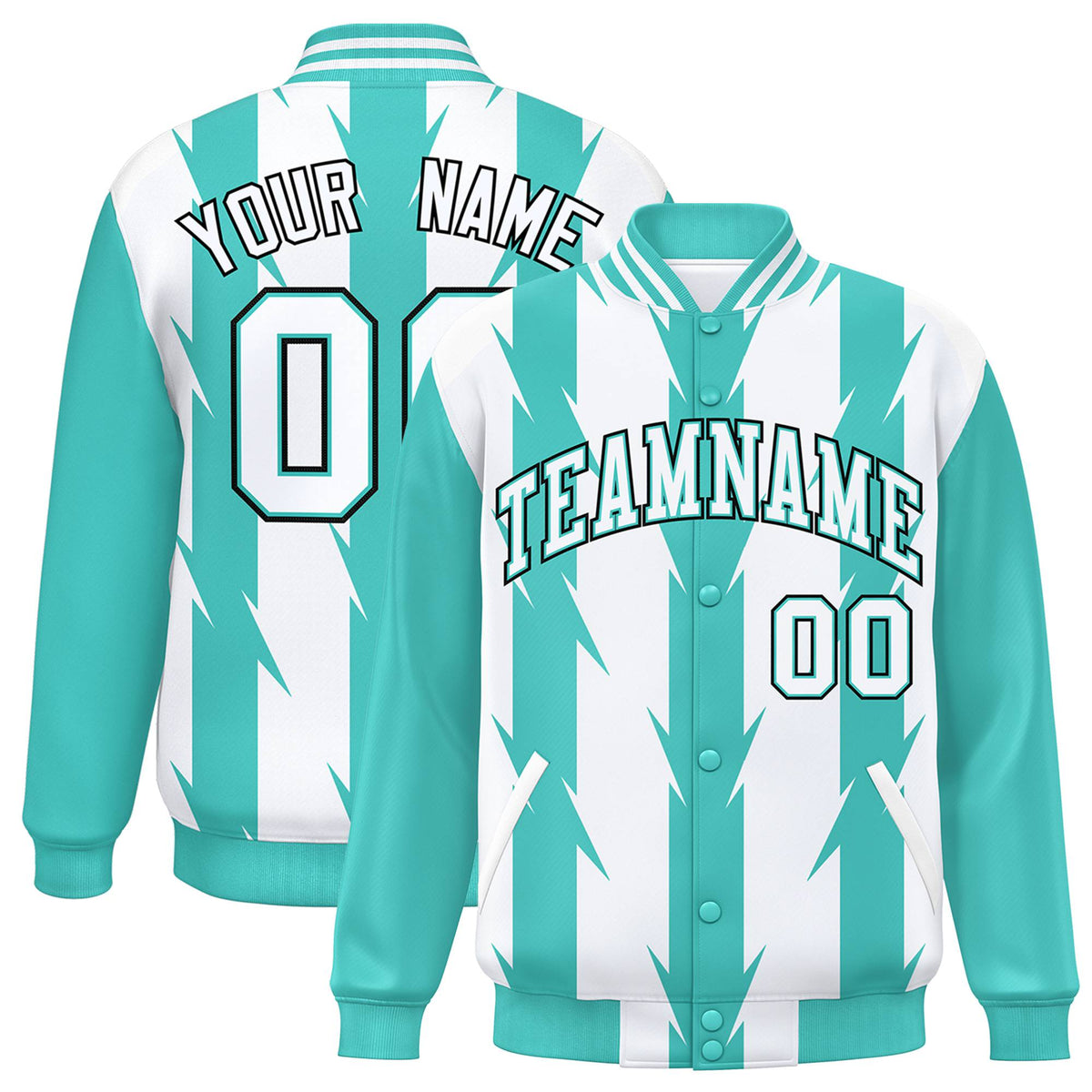 Custom White Aqua-Black Blade Graffiti Pattern Varsity Full-Snap Jacket