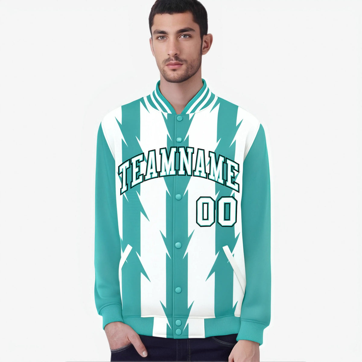 Custom White Aqua-Black Blade Graffiti Pattern Varsity Full-Snap Jacket