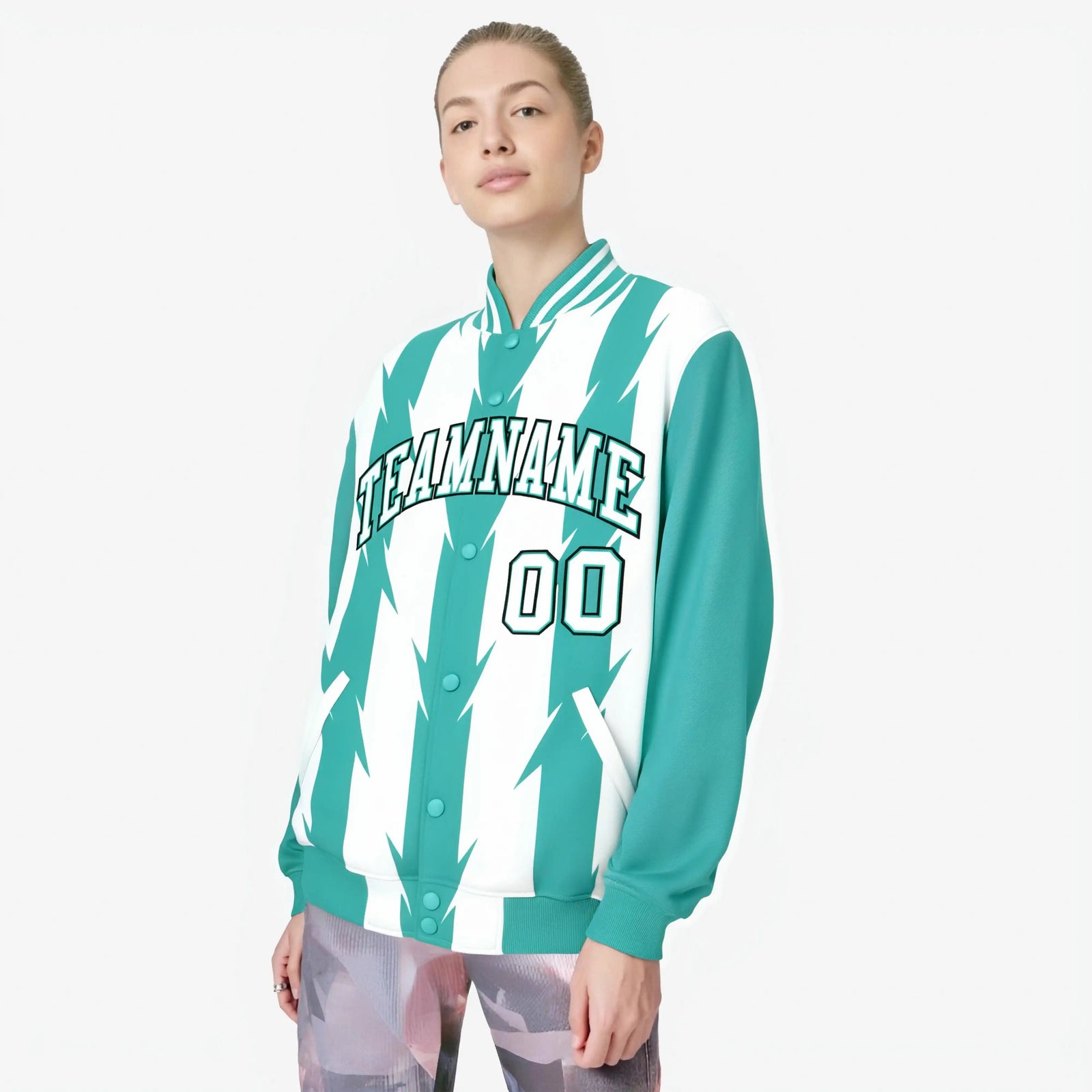 Custom White Aqua-Black Blade Graffiti Pattern Varsity Full-Snap Jacket