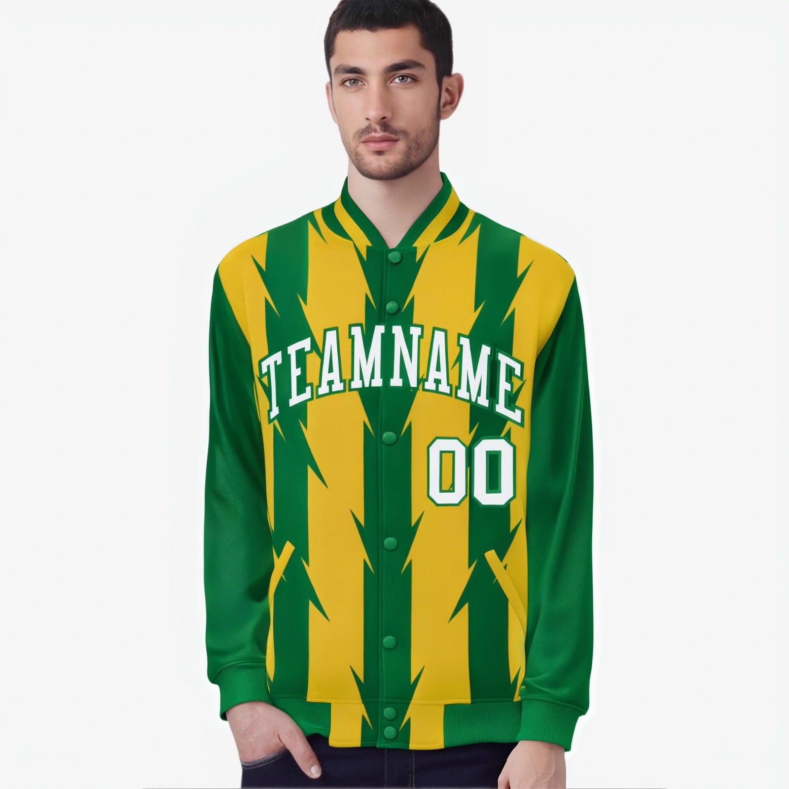 Custom Yellow Green-White Blade Graffiti Pattern Varsity Full-Snap Jacket