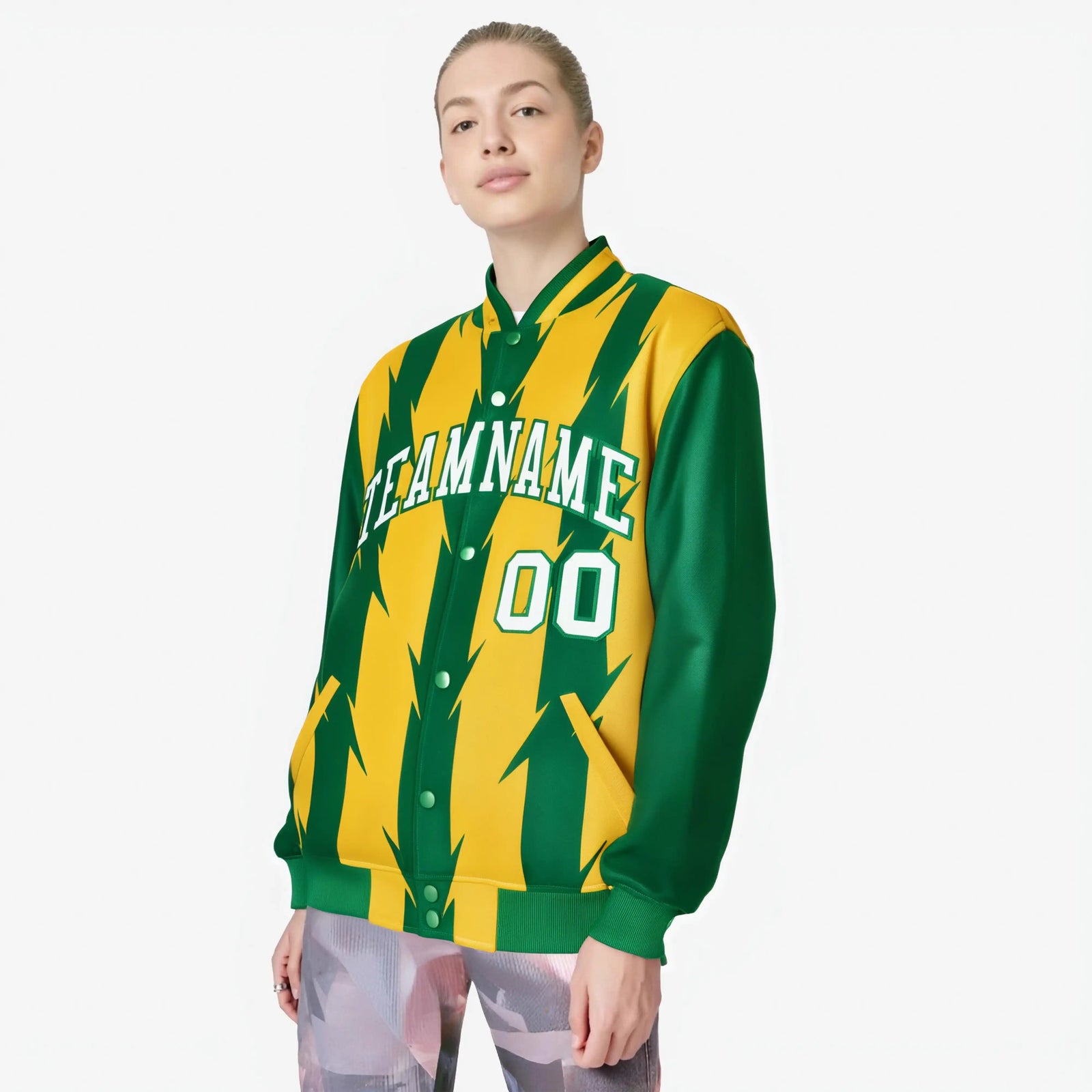 Custom Yellow Green-White Blade Graffiti Pattern Varsity Full-Snap Jacket