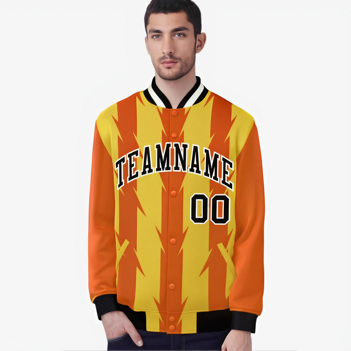 Custom Yellow Orange Black-White Blade Graffiti Pattern Varsity Full-Snap Jacket