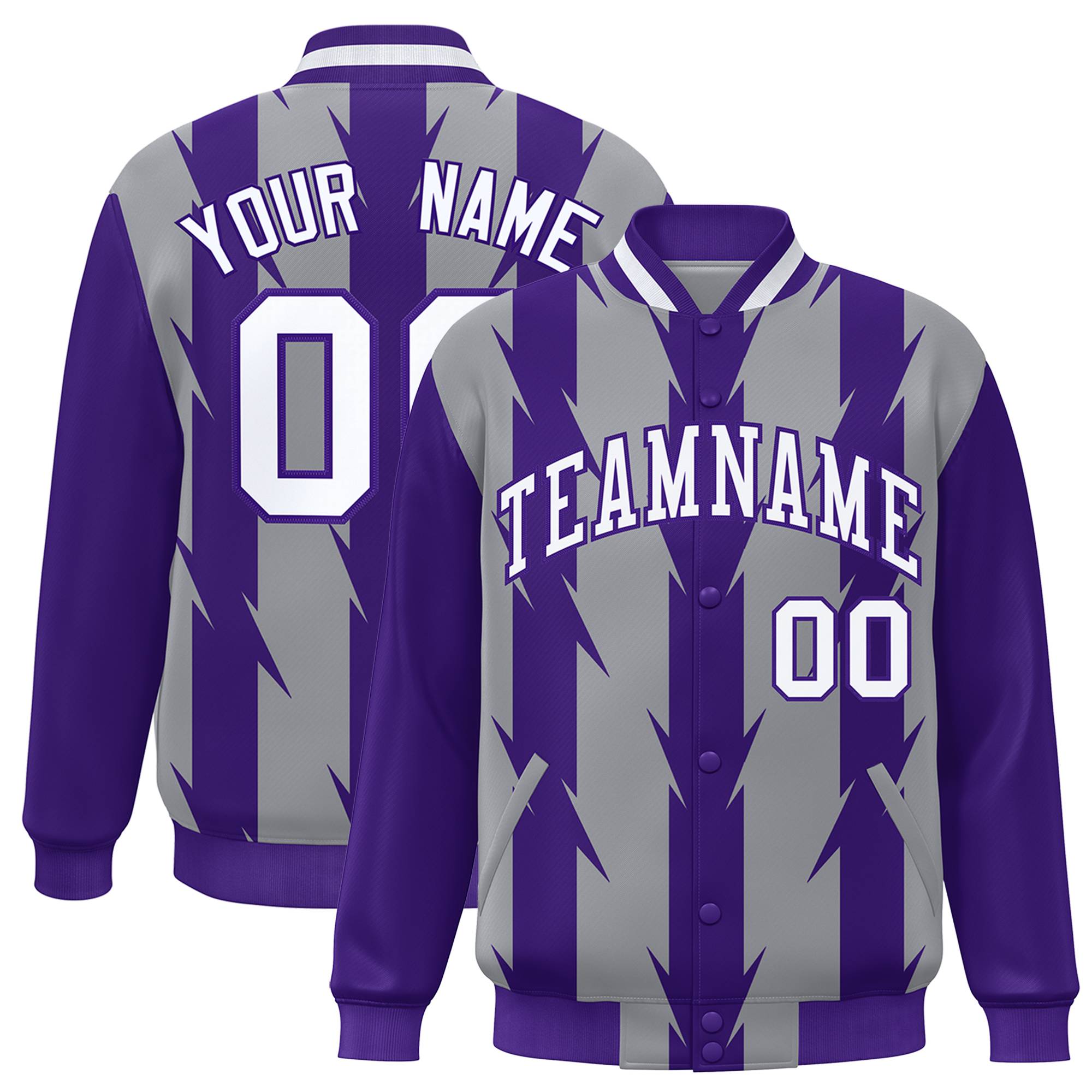 Custom Gray Purple-White Blade Graffiti Pattern Varsity Full-Snap Jacket