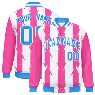 Chaqueta universitaria personalizada con cierre completo, con estampado de grafiti de cuchillas, en blanco, rosa y azul pálido - Estilo 1