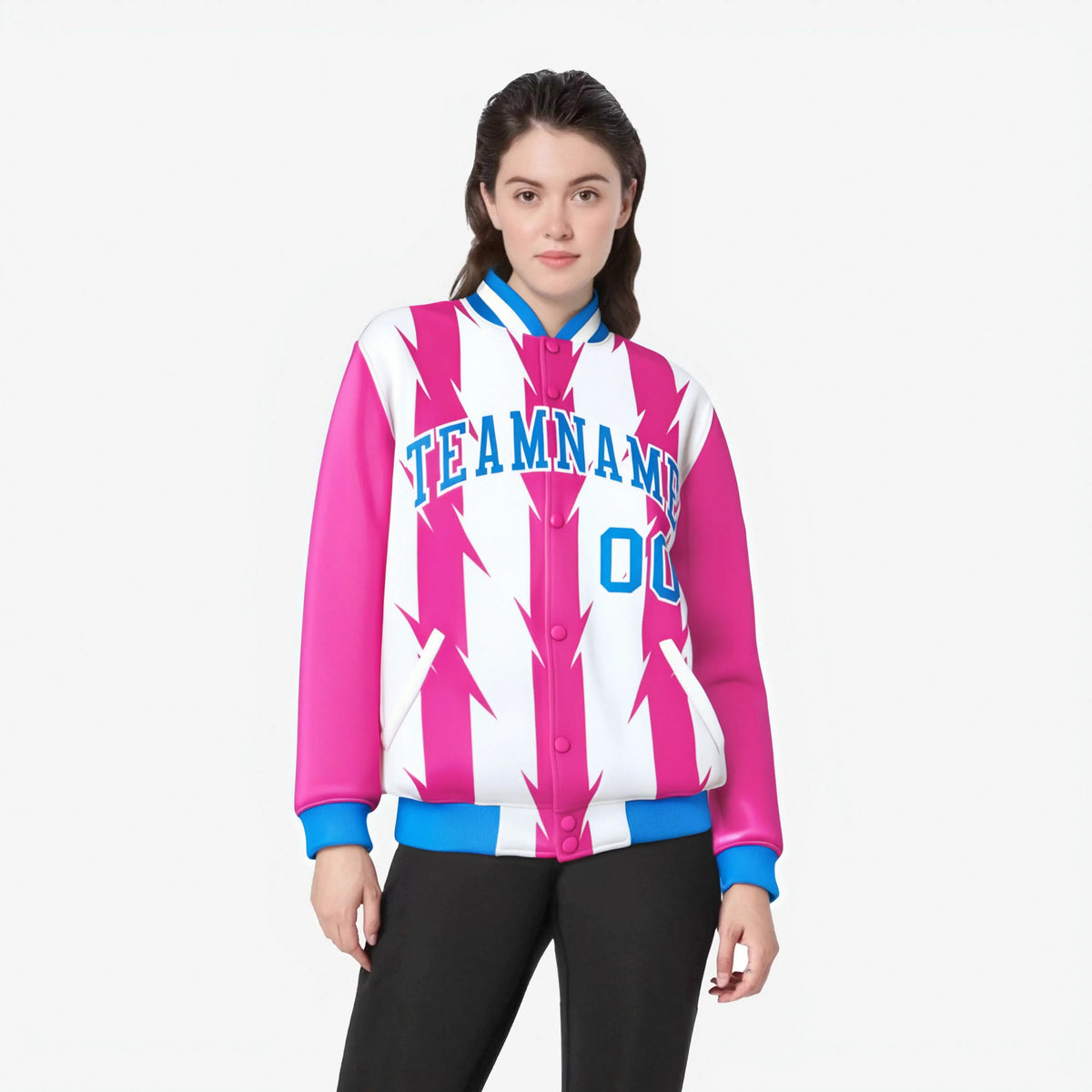 Custom White Pink-Powder Blue Blade Graffiti Pattern Varsity Full-Snap Jacket