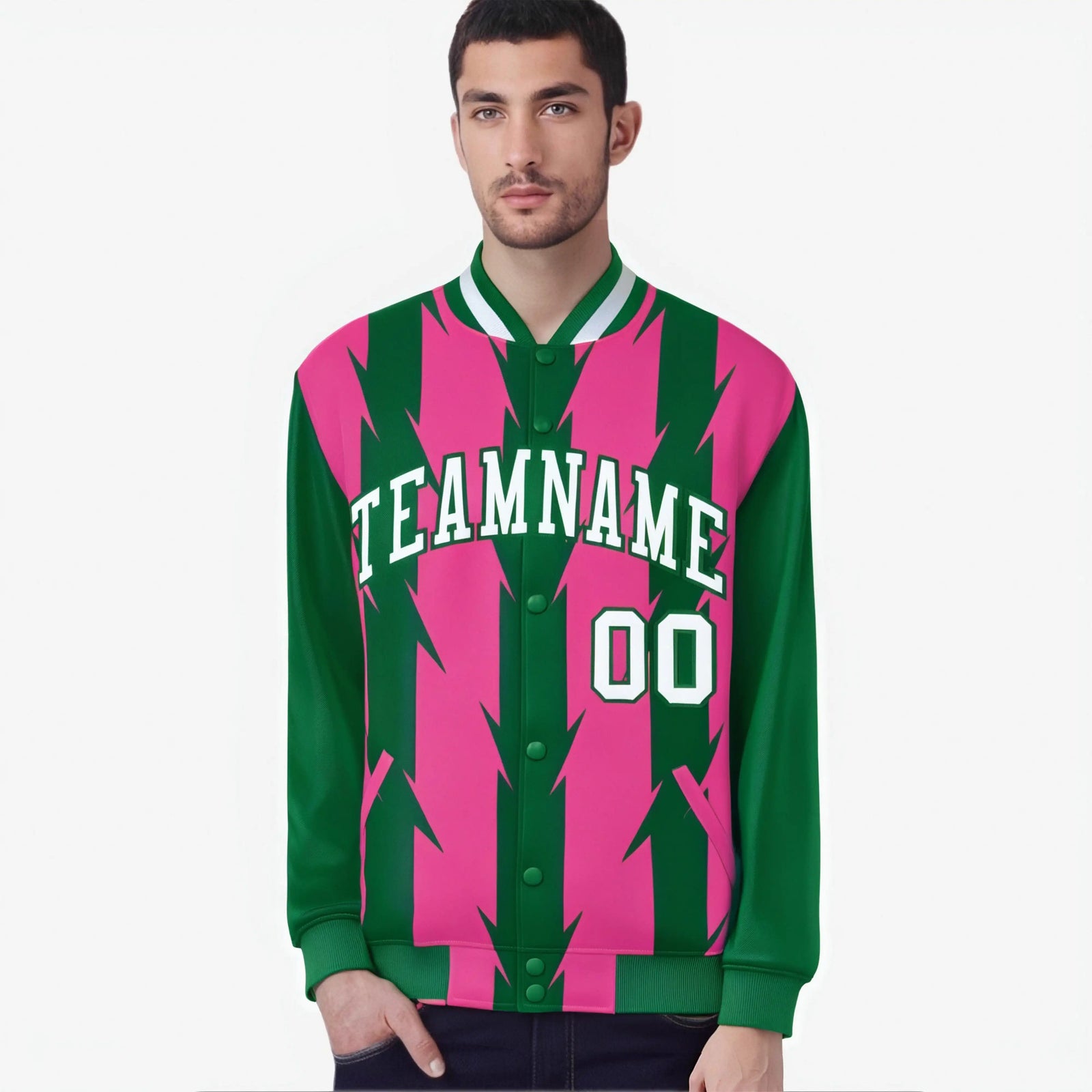 Custom Pink Kelly Green-White Blade Graffiti Pattern Varsity Full-Snap Jacket