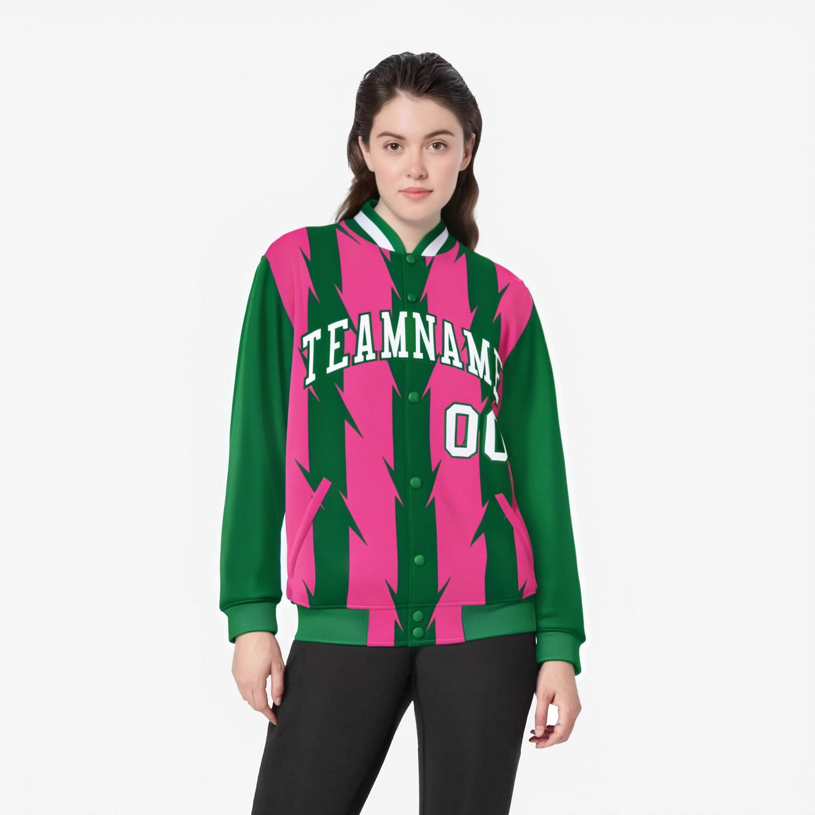 Custom Pink Kelly Green-White Blade Graffiti Pattern Varsity Full-Snap Jacket