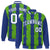 Custom Neon Green Royal Blue-White Blade Graffiti Pattern Varsity Full-Snap Jacket