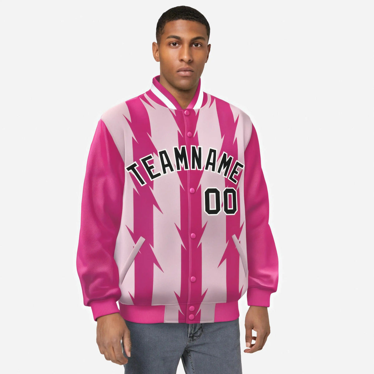 Custom Pink Light Pink Black-White Blade Graffiti Pattern Varsity Full-Snap Jacket