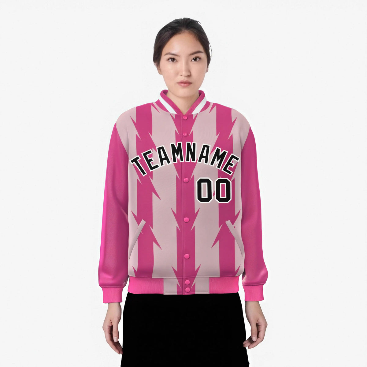 Custom Pink Light Pink Black-White Blade Graffiti Pattern Varsity Full-Snap Jacket