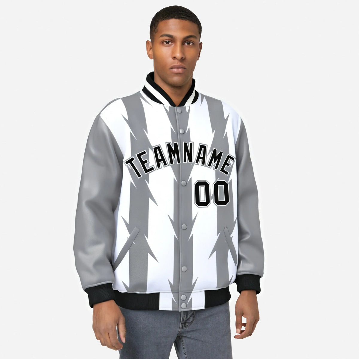 Custom White Gray-Black Blade Graffiti Pattern Varsity Full-Snap Jacket