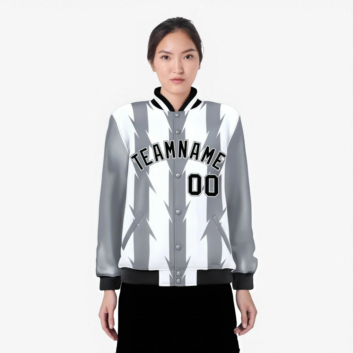 Custom White Gray-Black Blade Graffiti Pattern Varsity Full-Snap Jacket