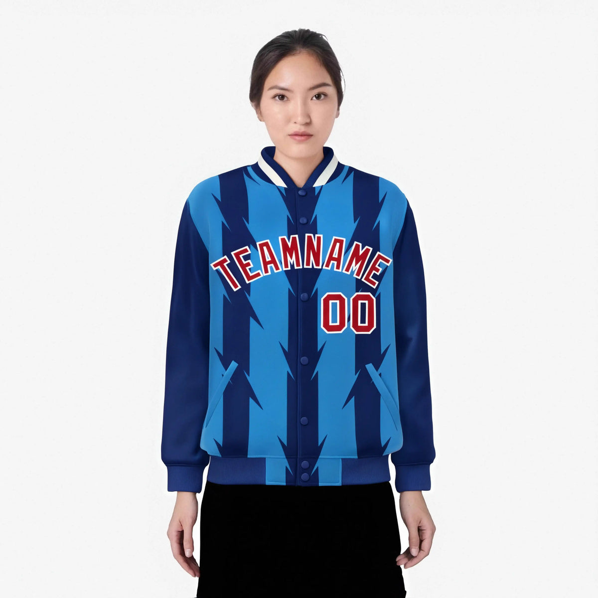 Custom Royal Blue Powder-Blue Red-White Blade Graffiti Pattern Varsity Full-Snap Jacket