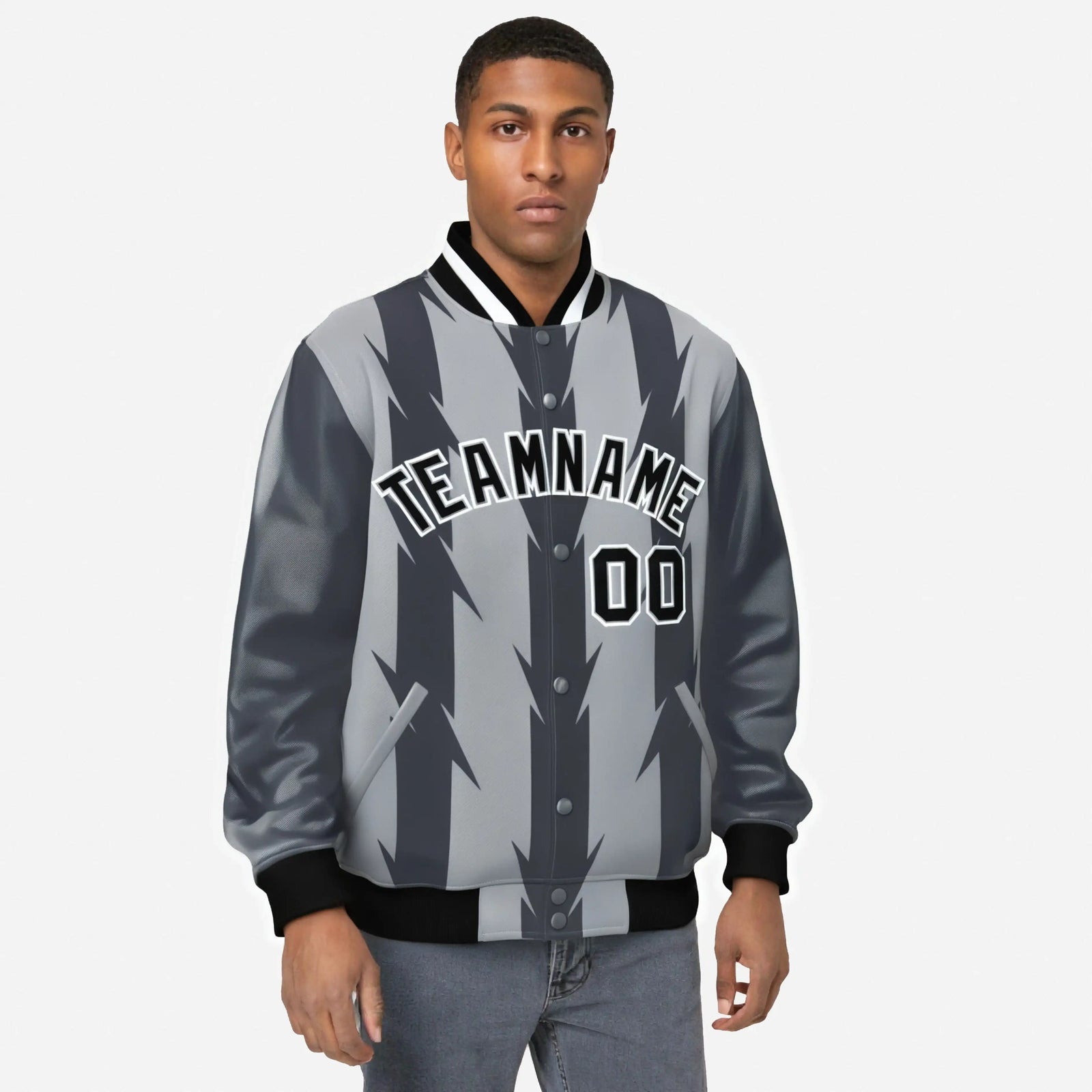 Custom Gray Dark Gray Black-White Blade Graffiti Pattern Varsity Full-Snap Jacket