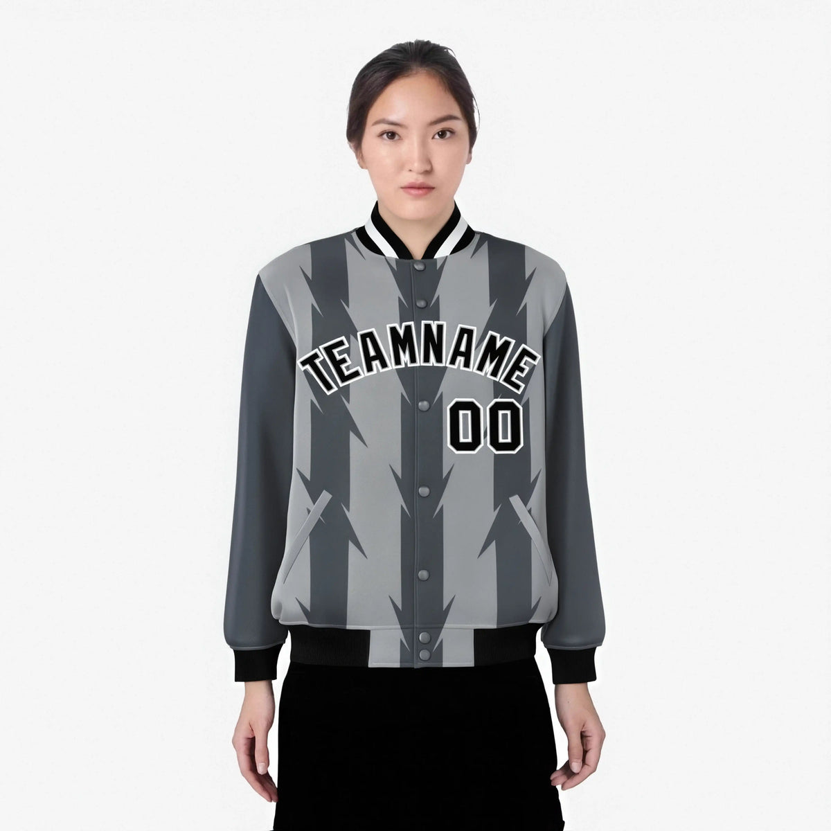 Custom Gray Dark Gray Black-White Blade Graffiti Pattern Varsity Full-Snap Jacket