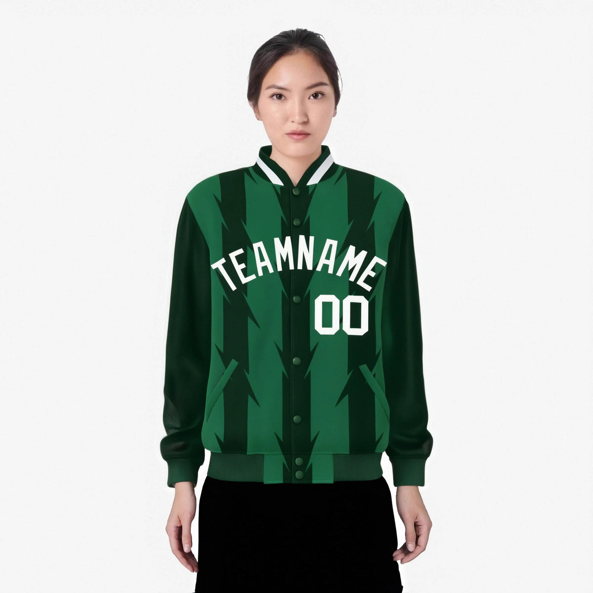 Custom Green Kelly Green-White Blade Graffiti Pattern Varsity Full-Snap Jacket