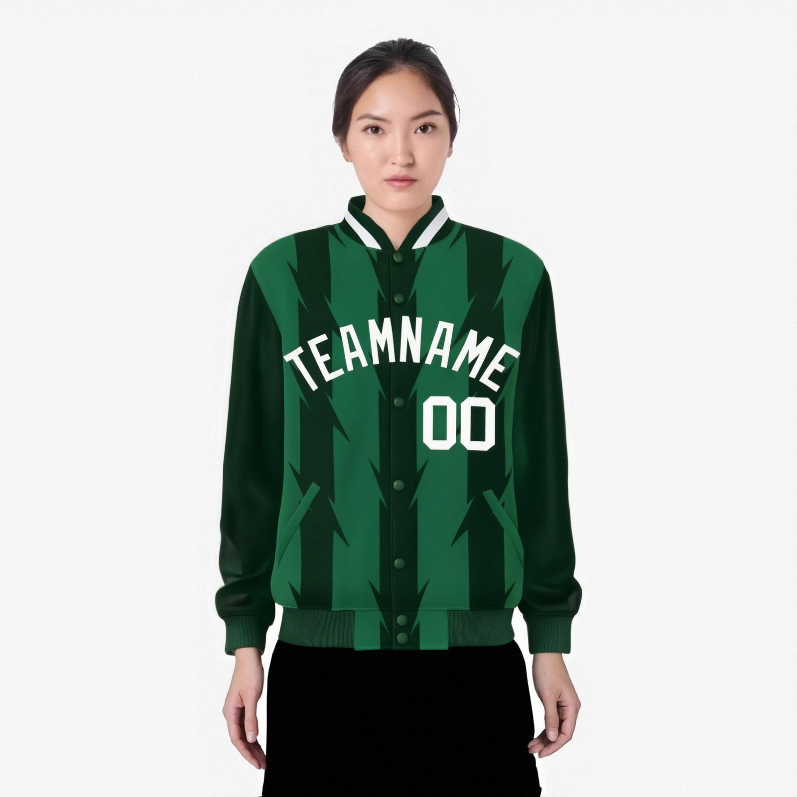 Custom Green Kelly Green-White Blade Graffiti Pattern Varsity Full-Snap Jacket